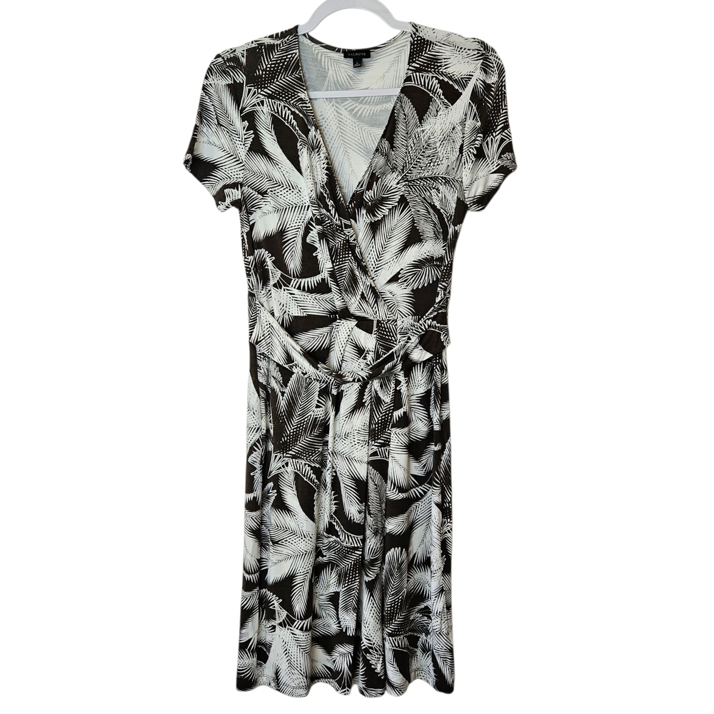 Talbots Mock Wrap Tropical Short Sleeve Dress Sz S Brown White